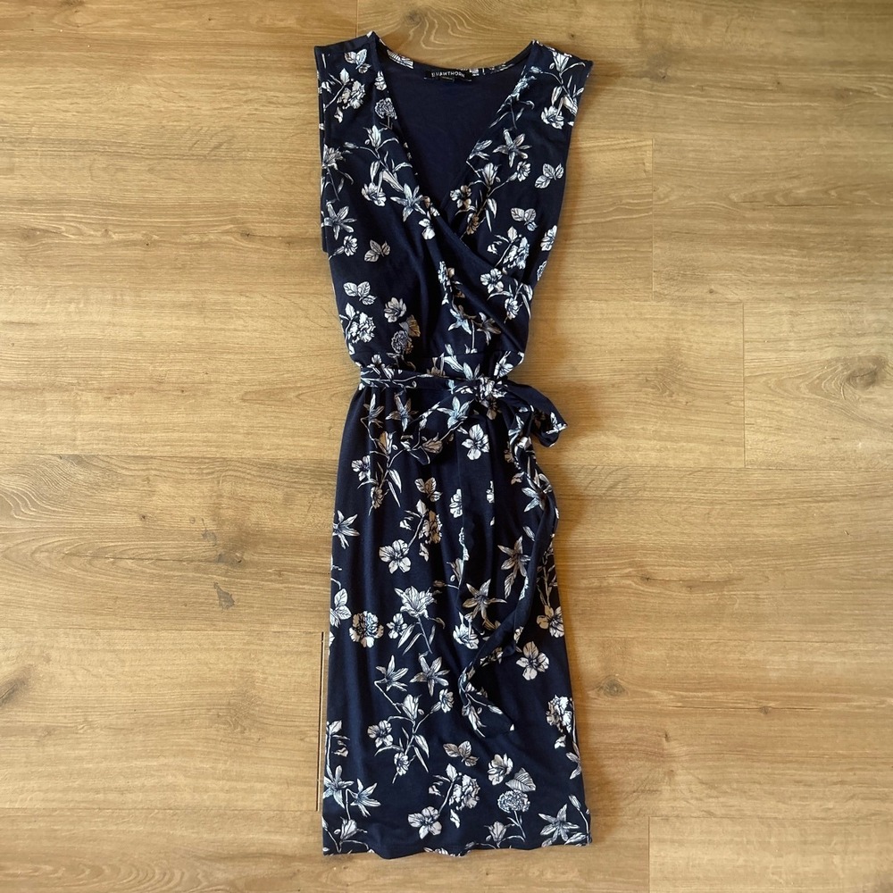 Hawthorn Navy Blue White Floral Faux Wrap Midi Dress Petite‎ Medium